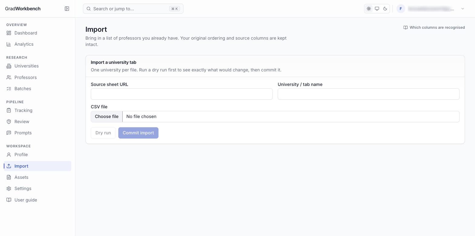 The import page